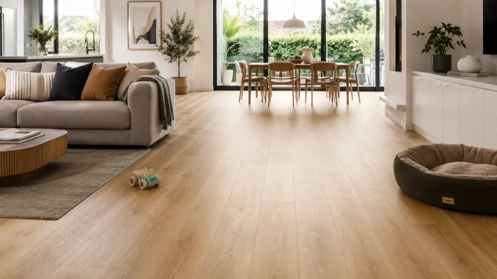 Hybrid flooring installed through a modern Sydney open-plan living area
